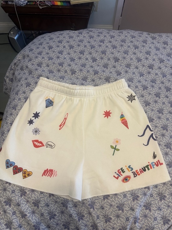 The Mayfair Group Pants - Cream Graphic Athletic Lounge Shorts - Life Is Beautiful Print